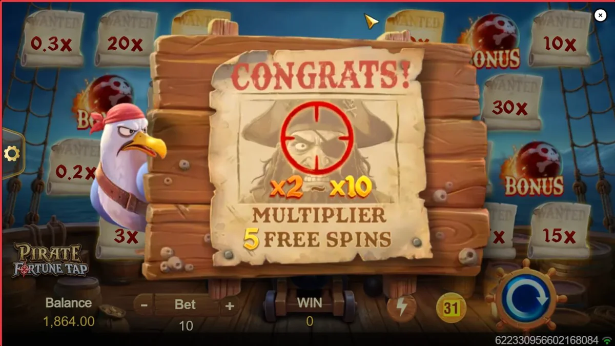 Tampilan antarmuka permainan Pirate Fortune Tap dengan tema bajak laut
