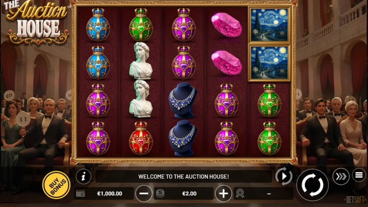 The Auction House slot game interface with luxury auction theme