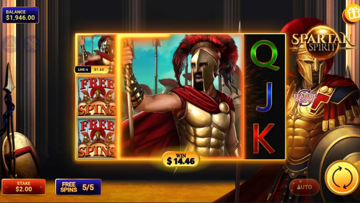 Prajurit Spartan dalam slot Spartan Spirit dengan latar belakang kuil kuno